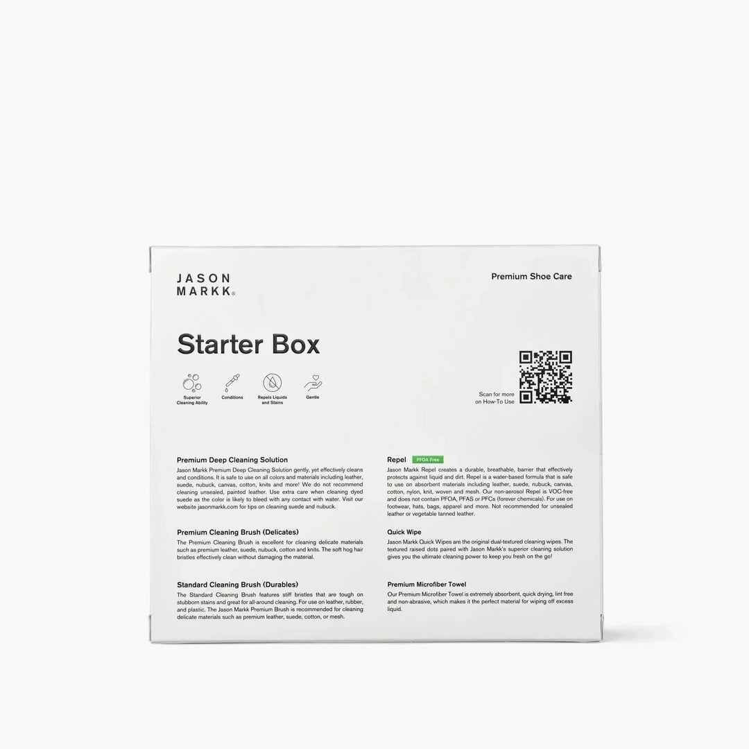 Jason Markk Starter Box premium shoe care kit with cleaning solutions and brushes in white packaging