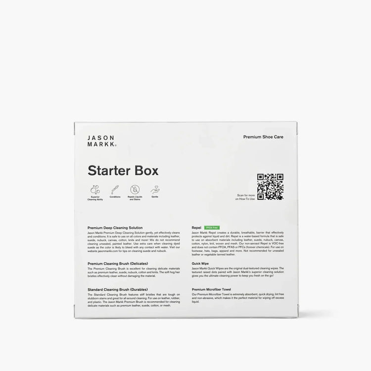 Jason Markk Starter Box premium shoe care kit with cleaning solutions and brushes in white packaging