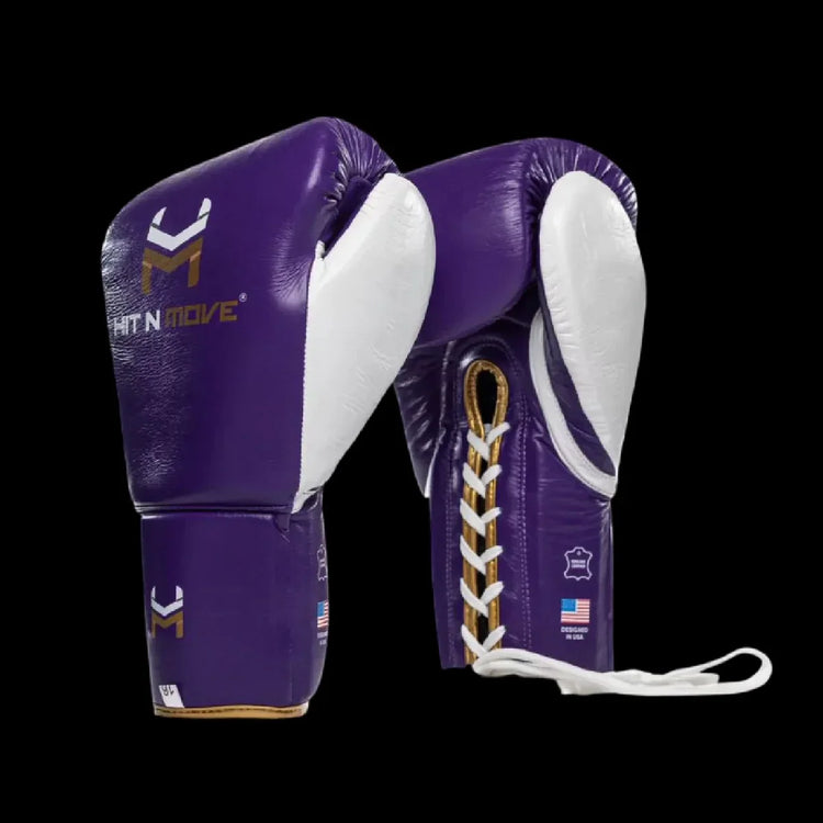Purple and white pro boxing gloves with lace-up closure on black background