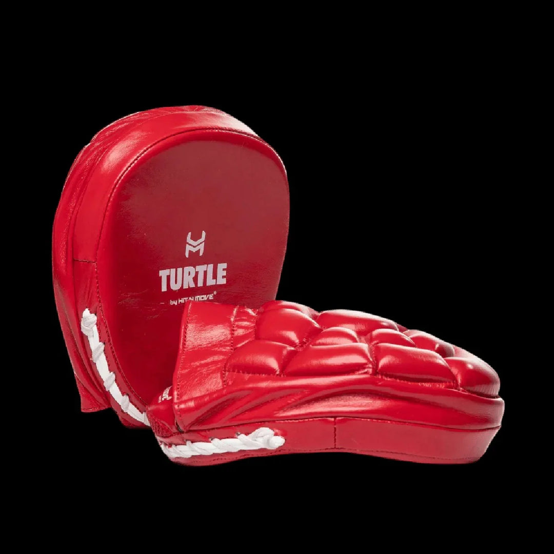 Red curved boxing focus mitts with Turtle logo, thick padded surface, white stitching
