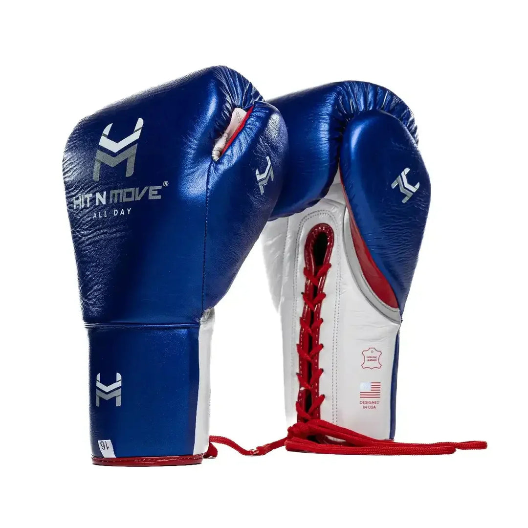 Blue and white lace-up boxing gloves with red detailing, pro-grade leather equipment