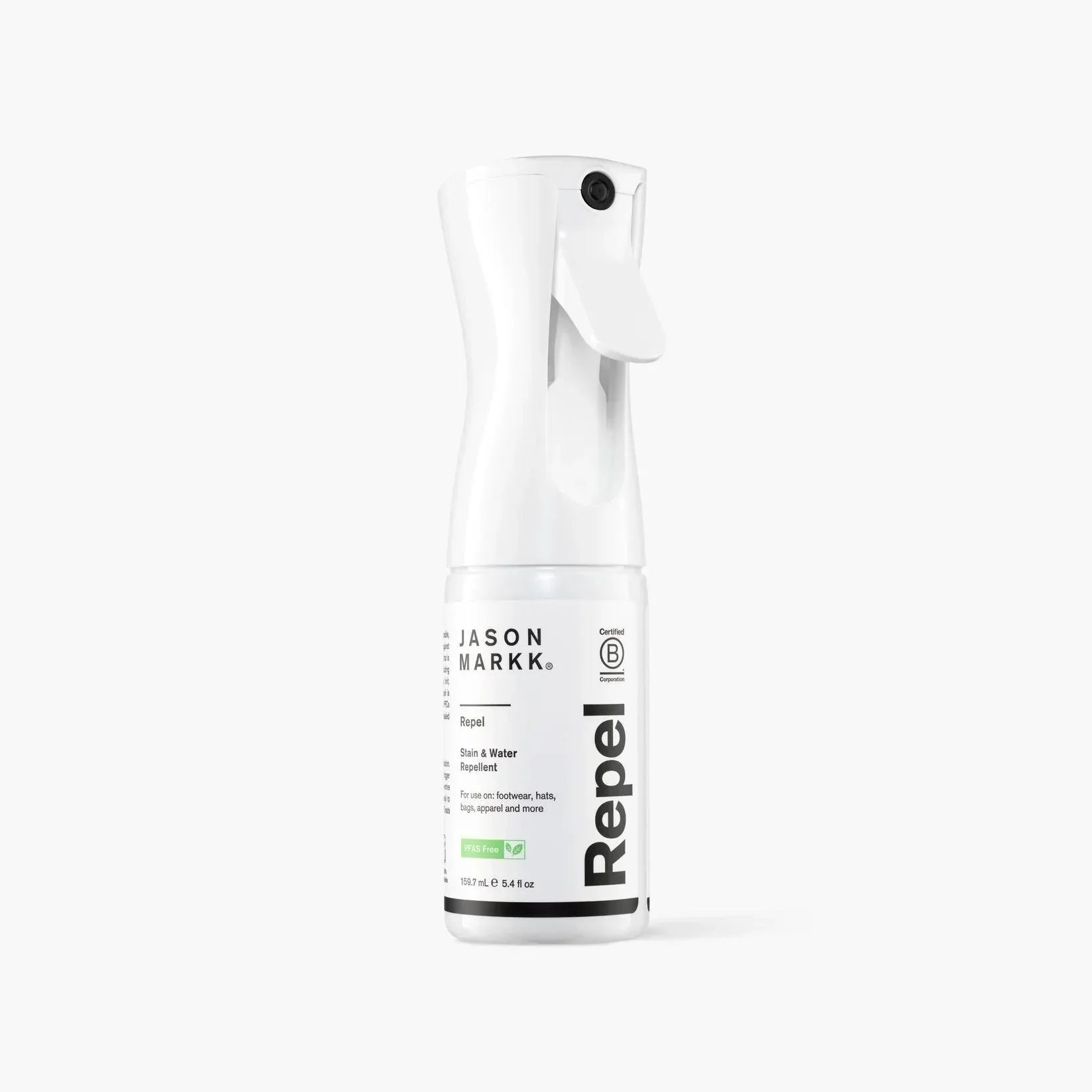 Jason Markk Repel spray bottle for stain and water repellent on gray background.