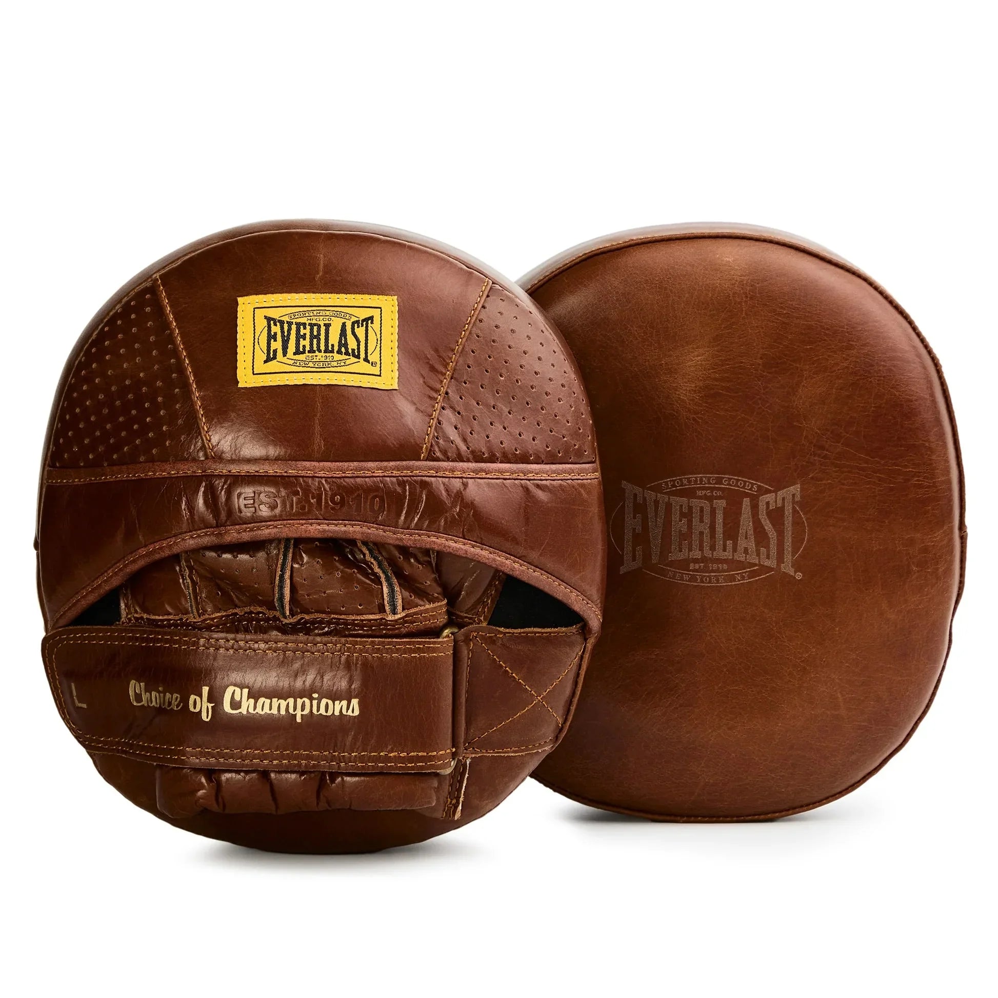 Pair of brown leather Everlast boxing mitts on a white background