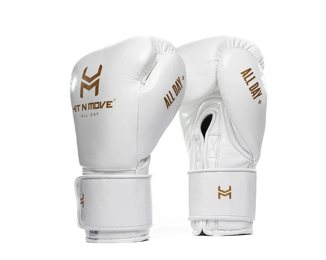 White 24 oz boxing gloves with gold logo and 'ALL DAY' text, pro boxing gear.