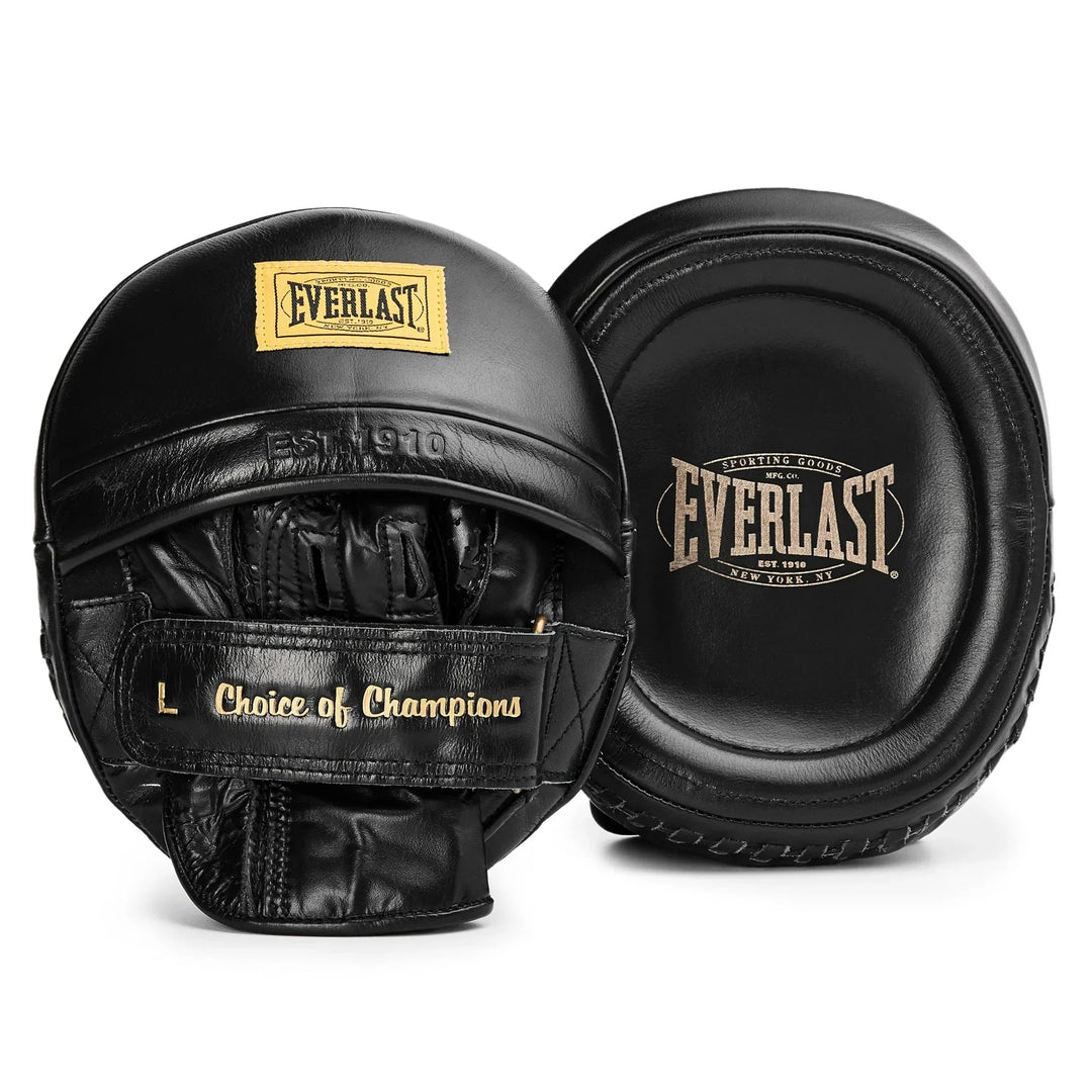 Black Everlast boxing mitts on a white background