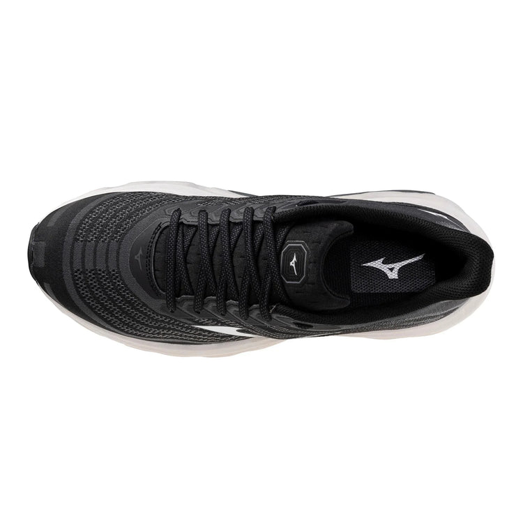 Black athletic running shoe with mesh upper and white sole, viewed from above