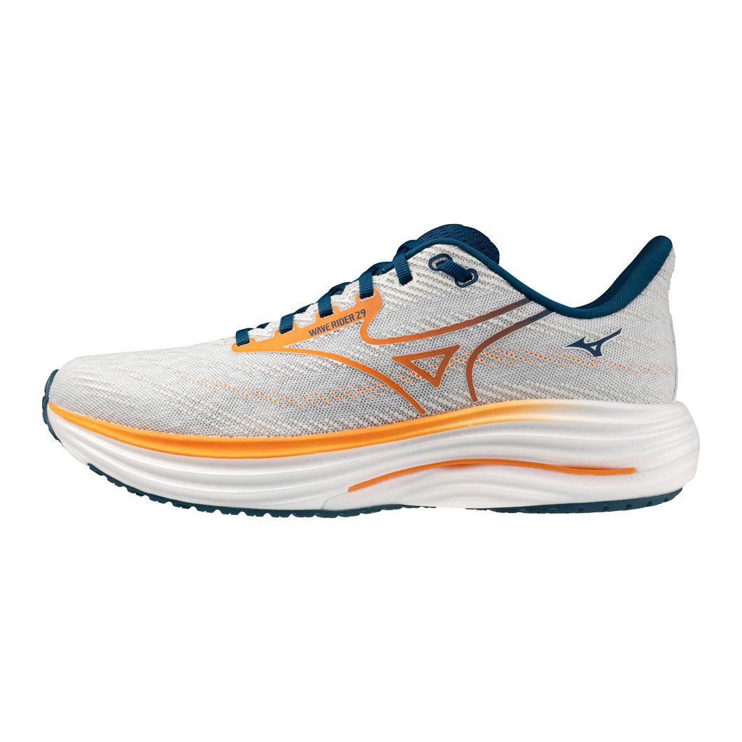 White running shoe with orange accents on a white background