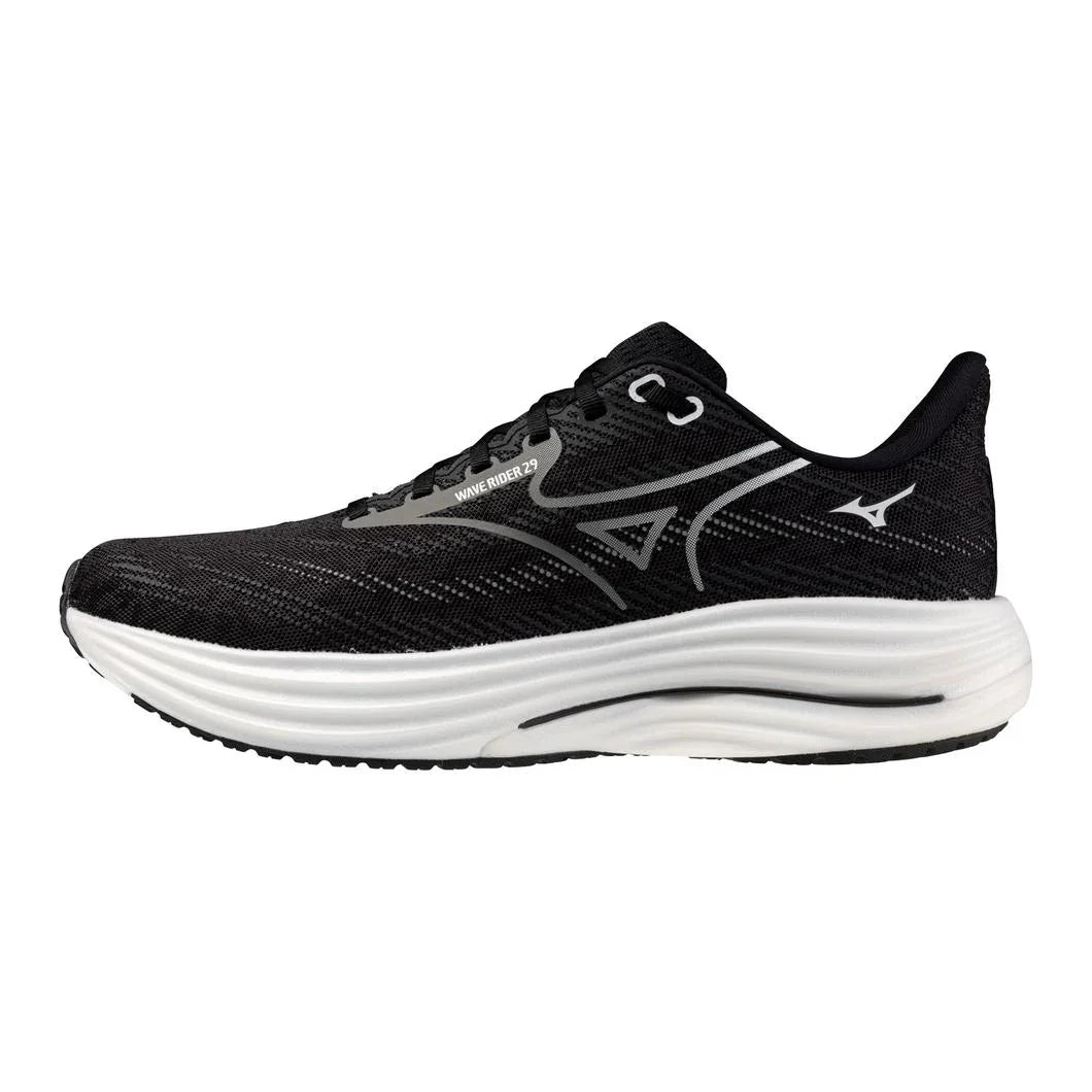 Black running shoe with white sole on a white background