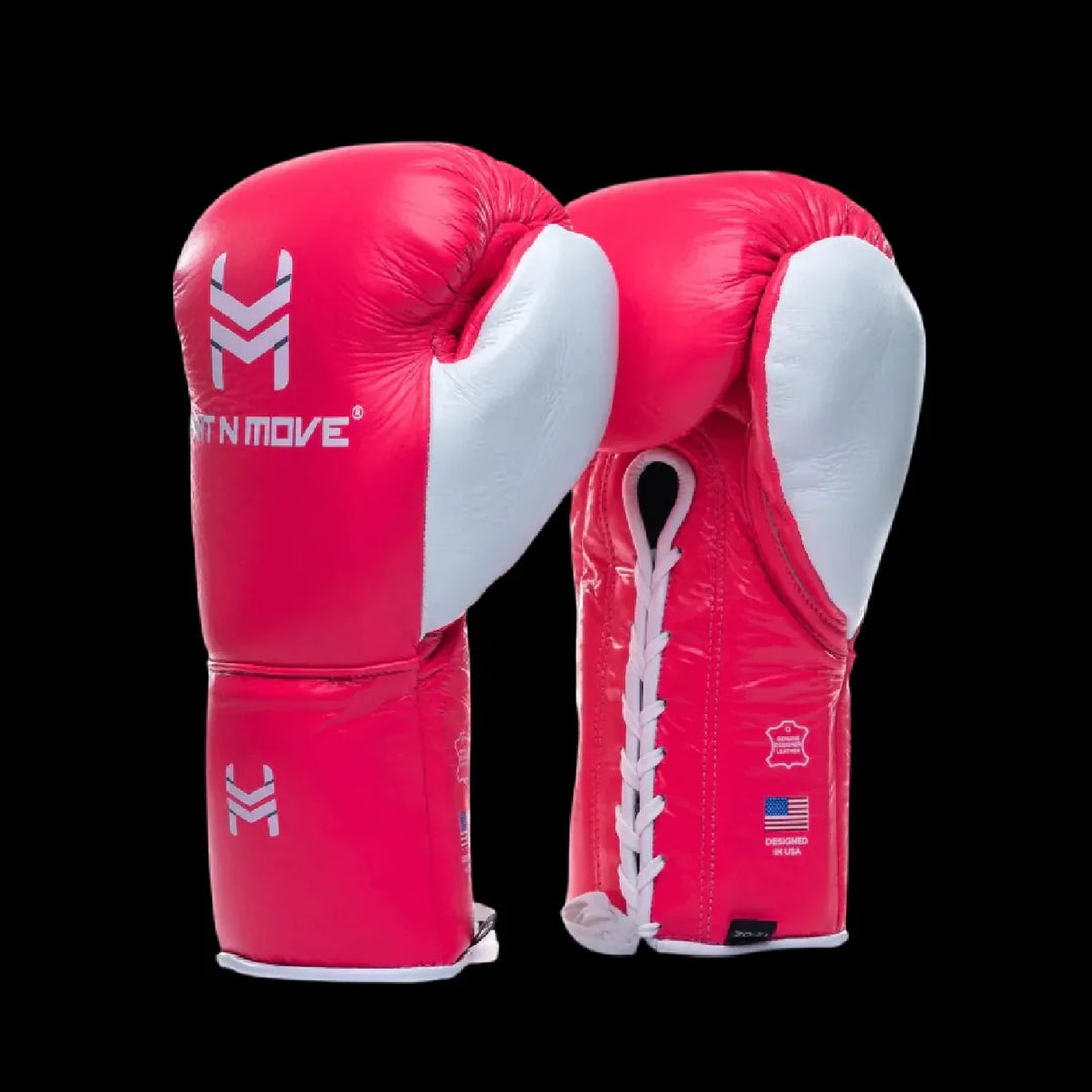 Red and white lace-up boxing gloves with leather finish and logo on black background