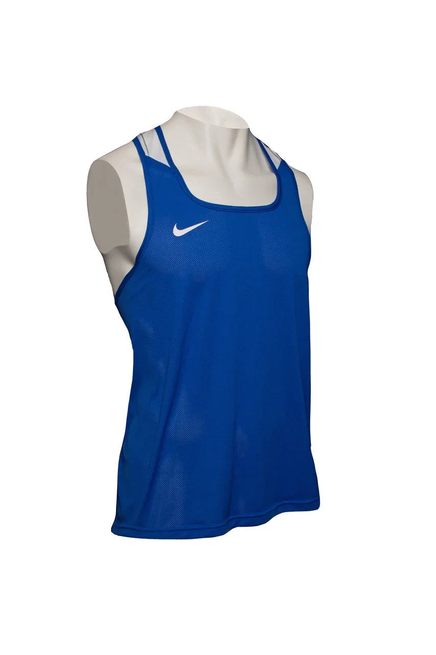 Blue Nike boxing tank top with white logo on mannequin, athletic mesh sportswear