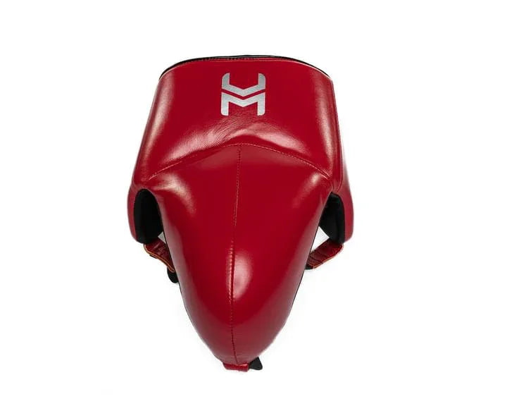 Red boxing groin protector with silver logo, pro-grade protective boxing gear