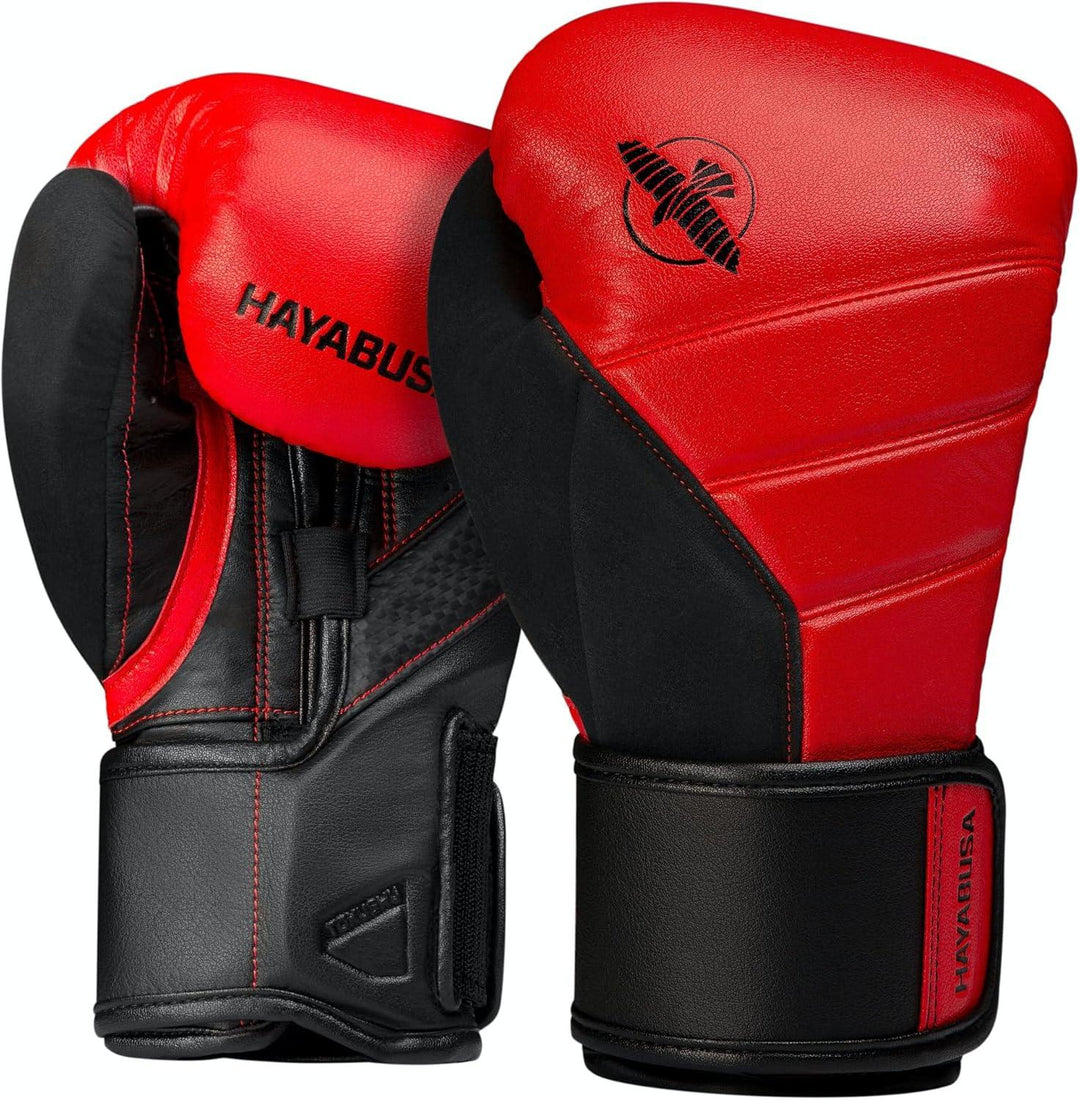 Red and black Hayabusa boxing gloves with wrist support and visible logo
