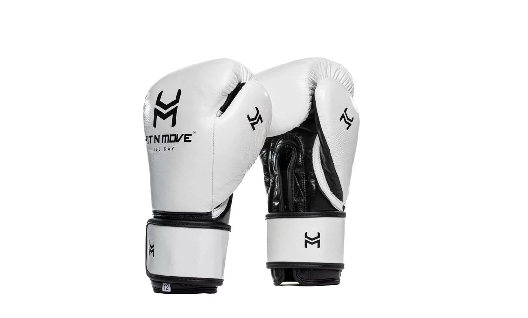White and black leather boxing gloves with "HIT N MOVE ALL DAY" logo, standing upright on white background.