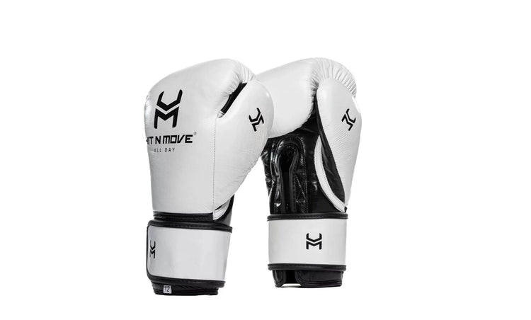White and black leather boxing gloves with "HIT N MOVE ALL DAY" logo, standing upright on white background.