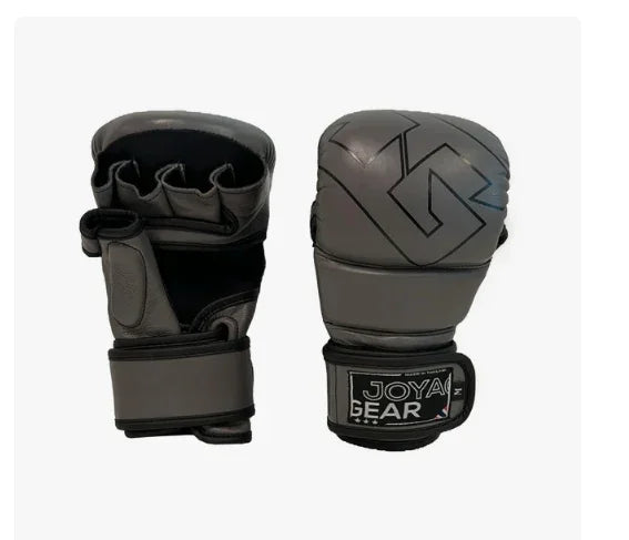 Gray Joya Gear MMA gloves with open finger design and velcro wrist strap, front and back view