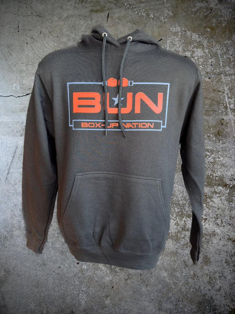 Gray boxing hoodie with BUN Box-Up Nation logo and red gloves graphic on front