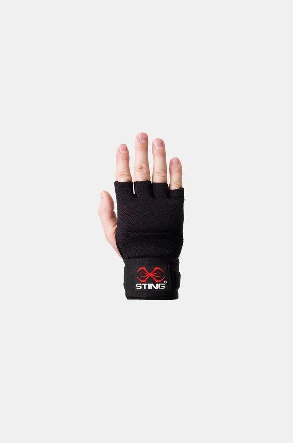 Hand wearing black fingerless boxing inner glove with Sting logo on wrist, front view