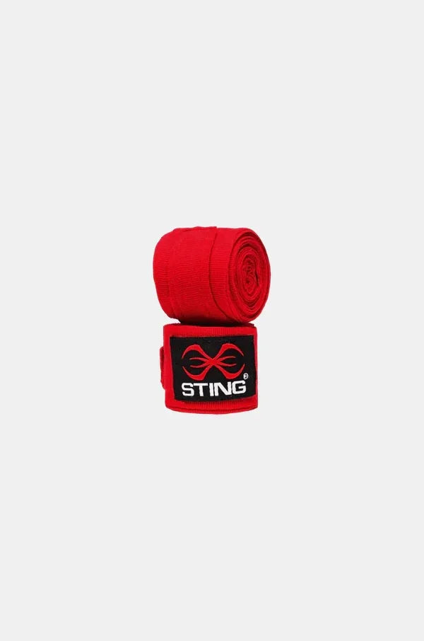 Two rolls of red boxing hand wraps with Sting logo on a white background