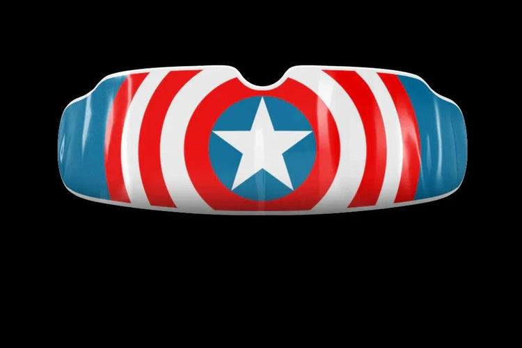 Boxing mouthguard featuring red, white, and blue shield design with a white star center