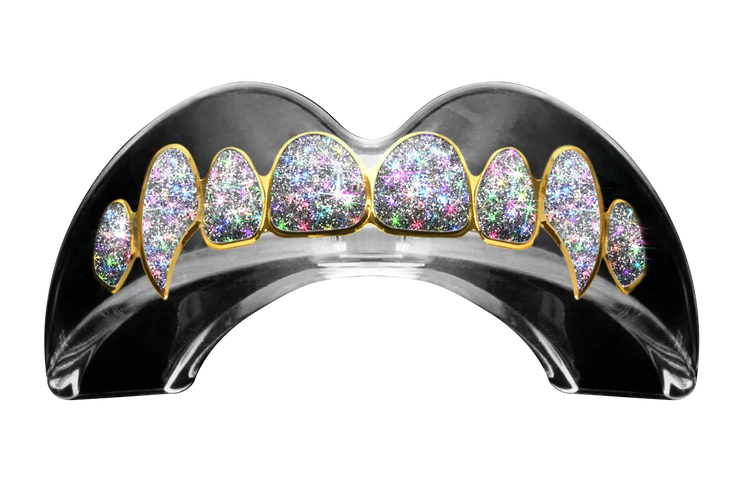 Gold-trimmed fang style boxing mouthguard with multicolor glitter finish