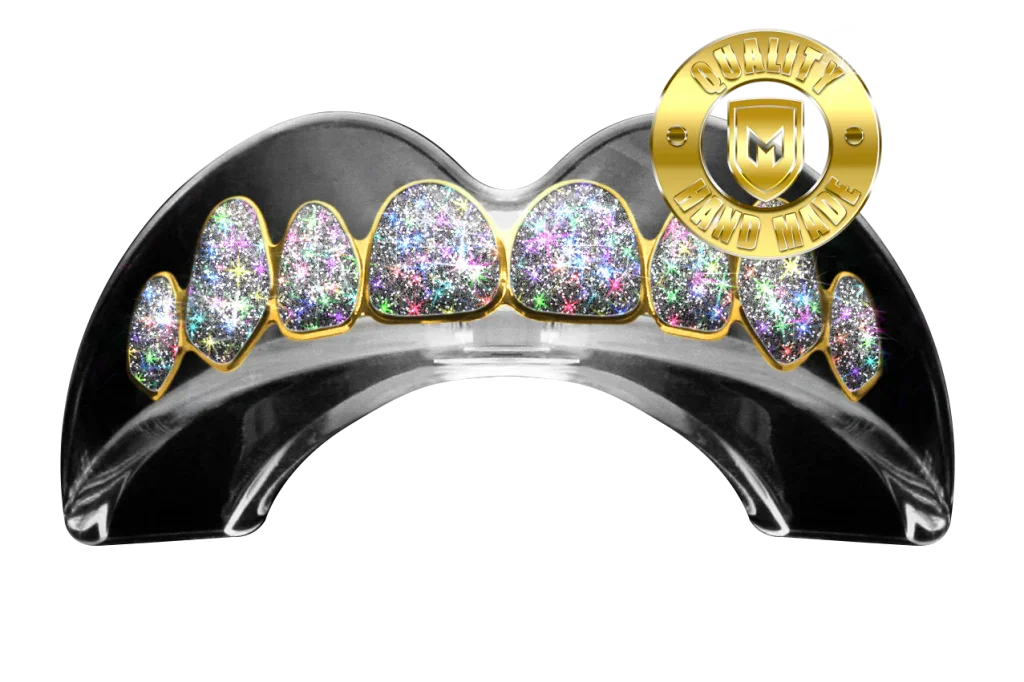 Gold diamond-studded grillz mouthpiece with sparkling stones, handmade quality badge