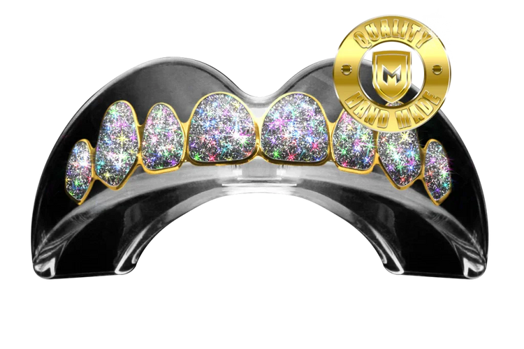 Gold diamond-studded grillz mouthpiece with sparkling stones, handmade quality badge