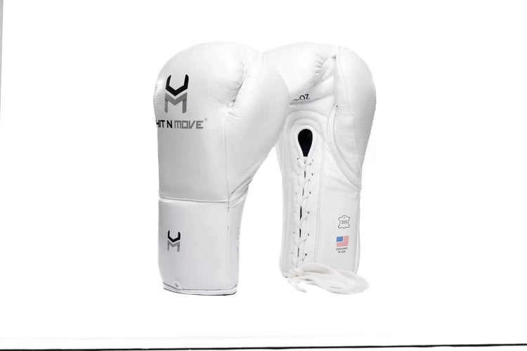 White lace-up Hit N Move boxing gloves, genuine leather, USA flag, pro-grade equipment