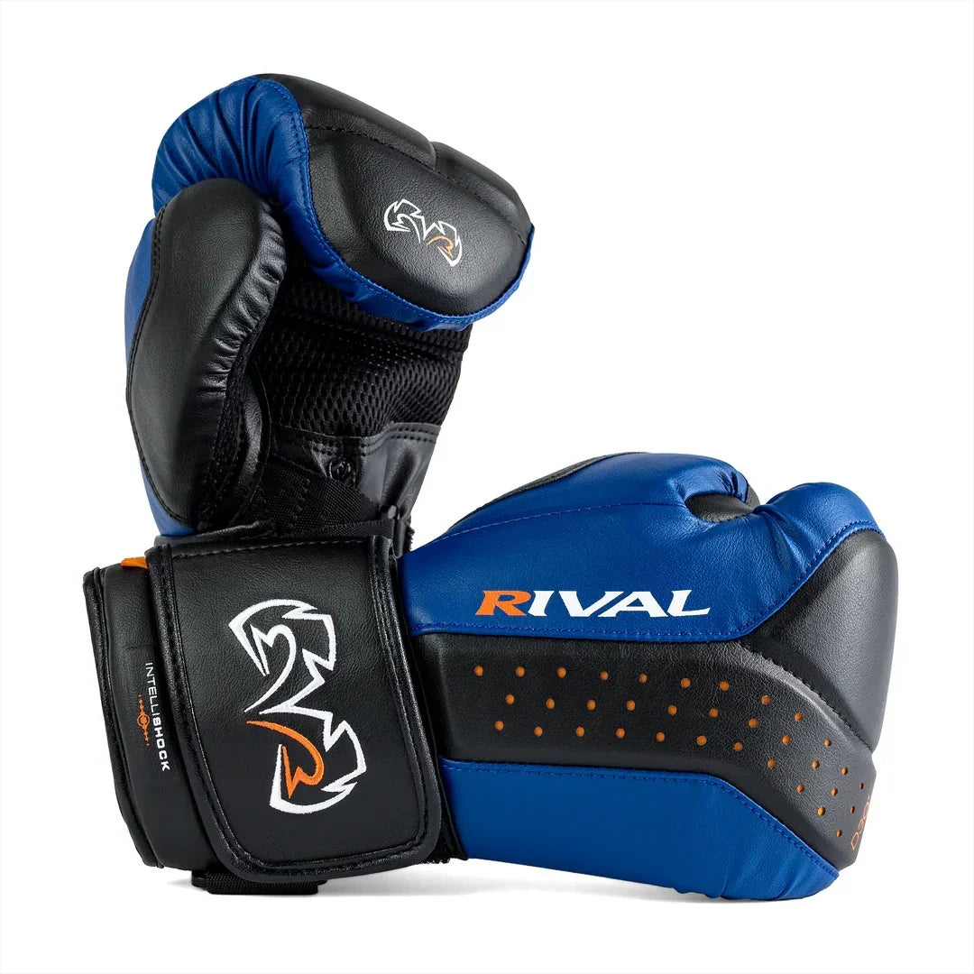 Blue and black Rival boxing gloves with orange accents and Intelli-Shock wrist support