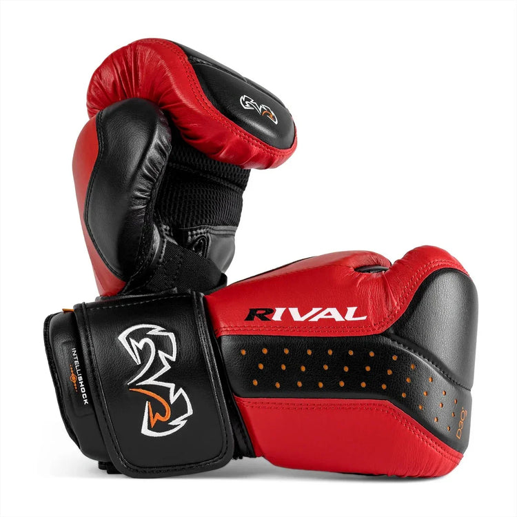 Red and black Rival boxing gloves with white logo, professional training gear