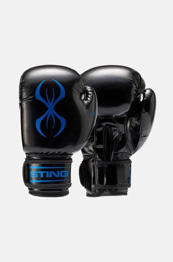 Black and blue boxing gloves with STING logo and abstract design on gray background