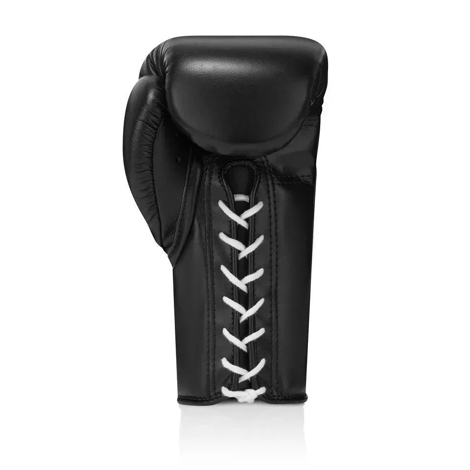 Black lace-up boxing sparring glove with white laces, rear view on white background