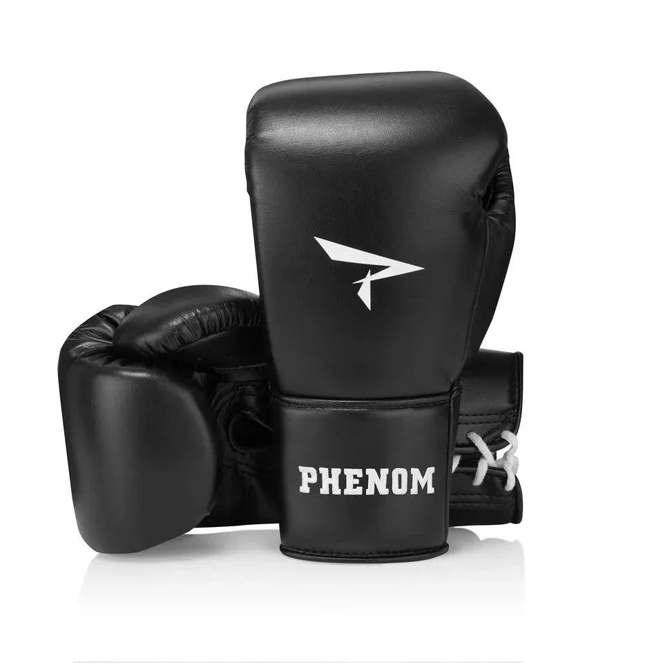 Black lace-up sparring boxing gloves with white logo and PHENOM text on the wrist, front view