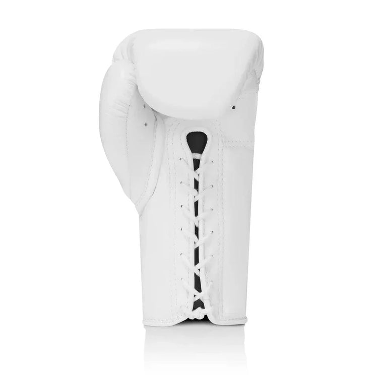 White lace-up boxing glove, back view, pro-grade sparring gear on white background.