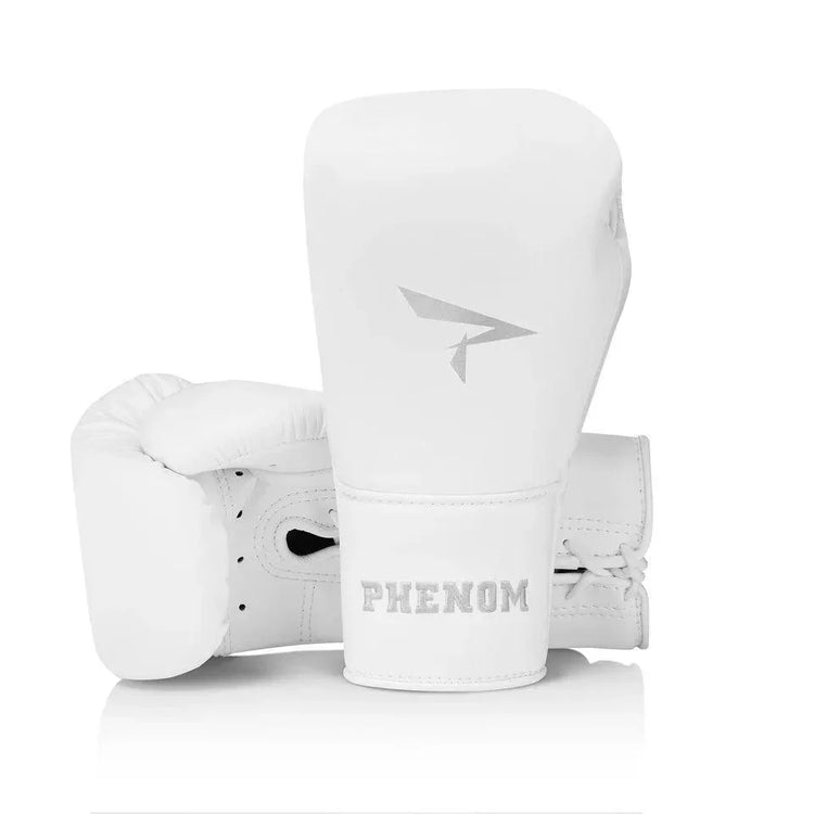 White lace-up sparring boxing gloves with PHENOM logo, isolated on white background