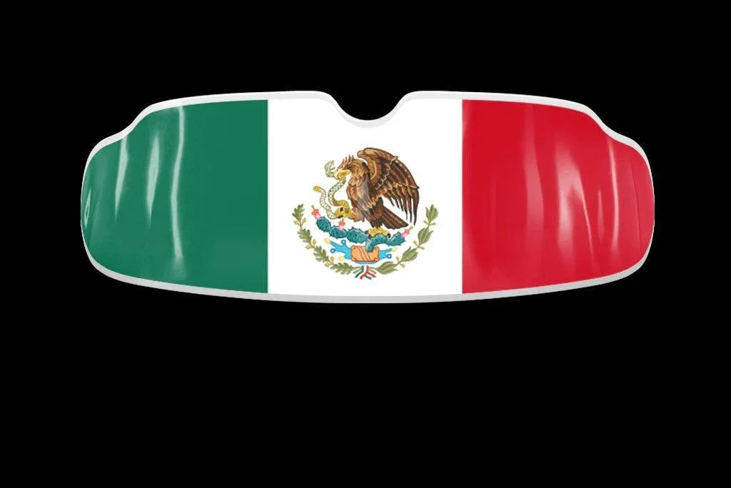 Mexican flag mouthguard for boxing with eagle emblem on white, green, and red background