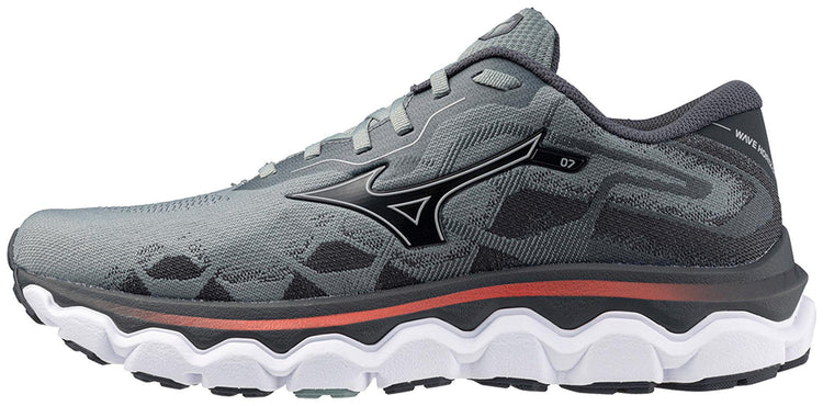 Gray Mizuno Horizon 7 running shoe with black logo, cushioned white sole, and orange accent