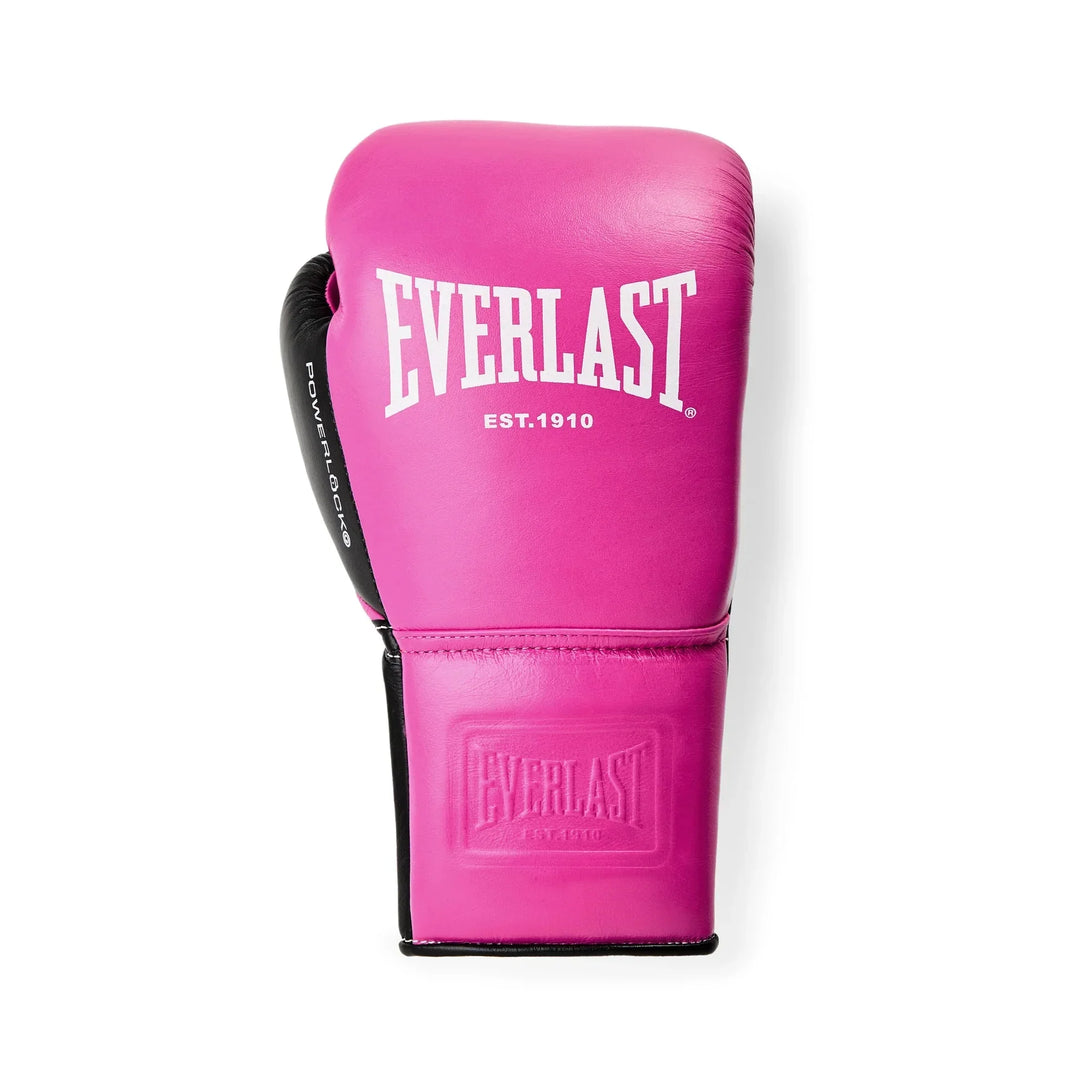 Pink Everlast boxing glove with black trim on white background