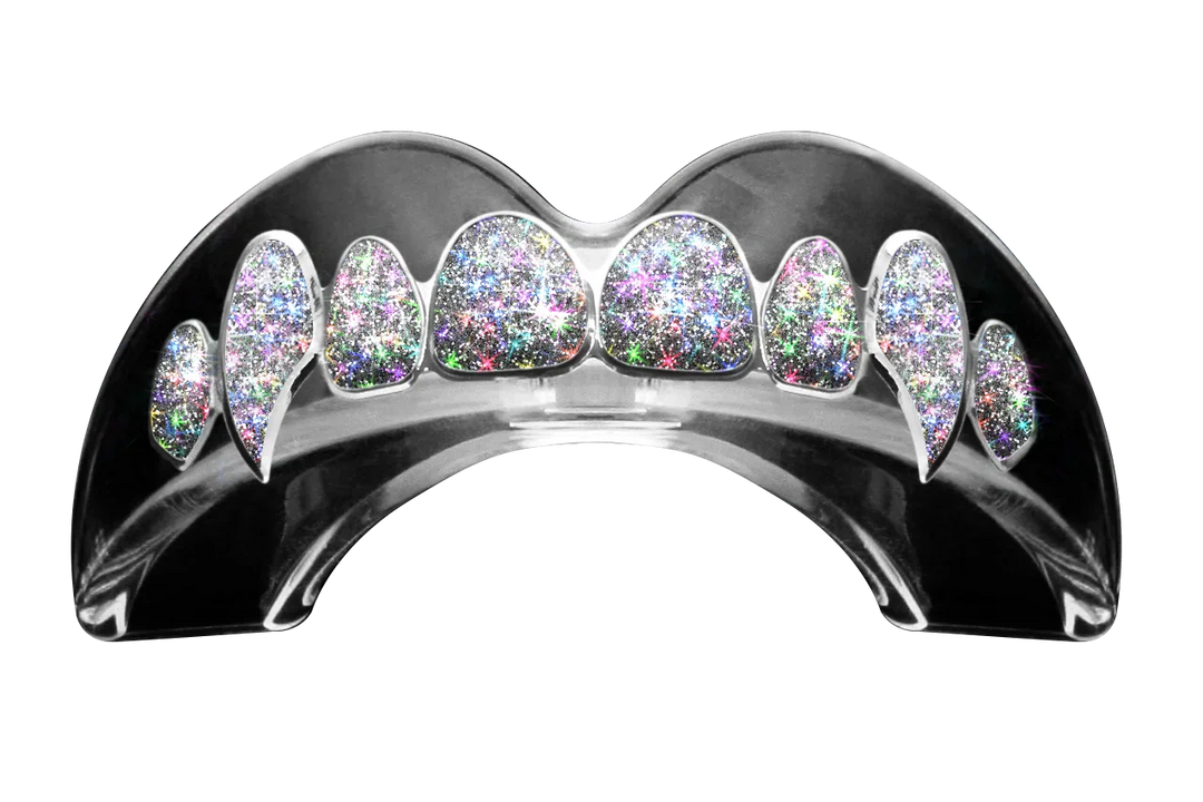 Deluxe boxing mouthguard with glittery, multicolor fangs design