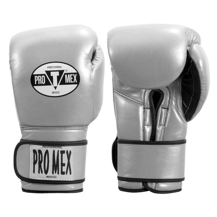 Silver Pro Mex boxing gloves with black trim and logo, professional training gear