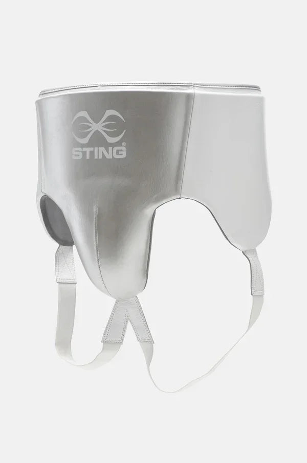 Silver and white leather boxing abdominal guard with protective straps, STING logo visible.