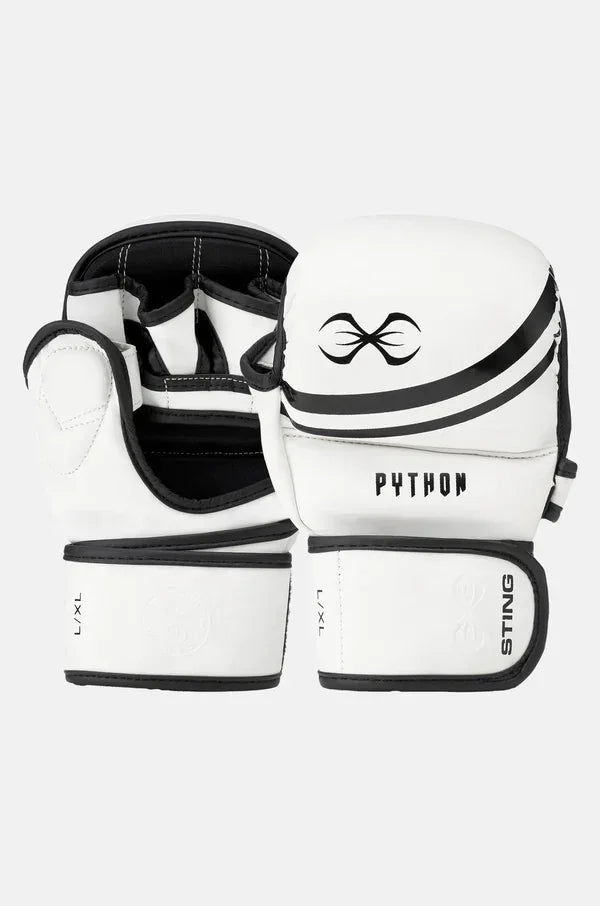 White MMA sparring gloves with black trim and Python logo, open palm design, Velcro straps