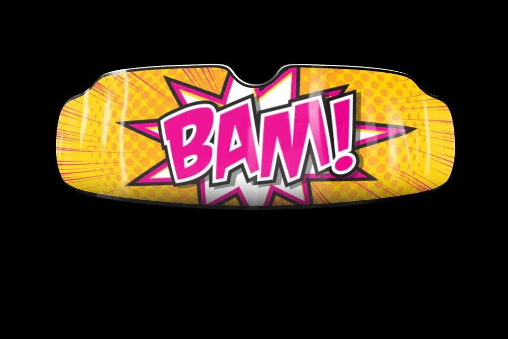 Comic-style yellow boxing groin protector with BAM! text and pink starburst design