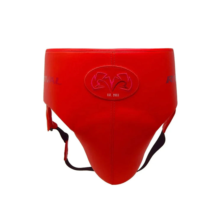 Red boxing groin protector with logo and black waistband, pro-grade protective gear.