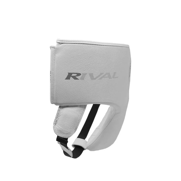 White Rival boxing headgear with open face, padded sides, and adjustable strap