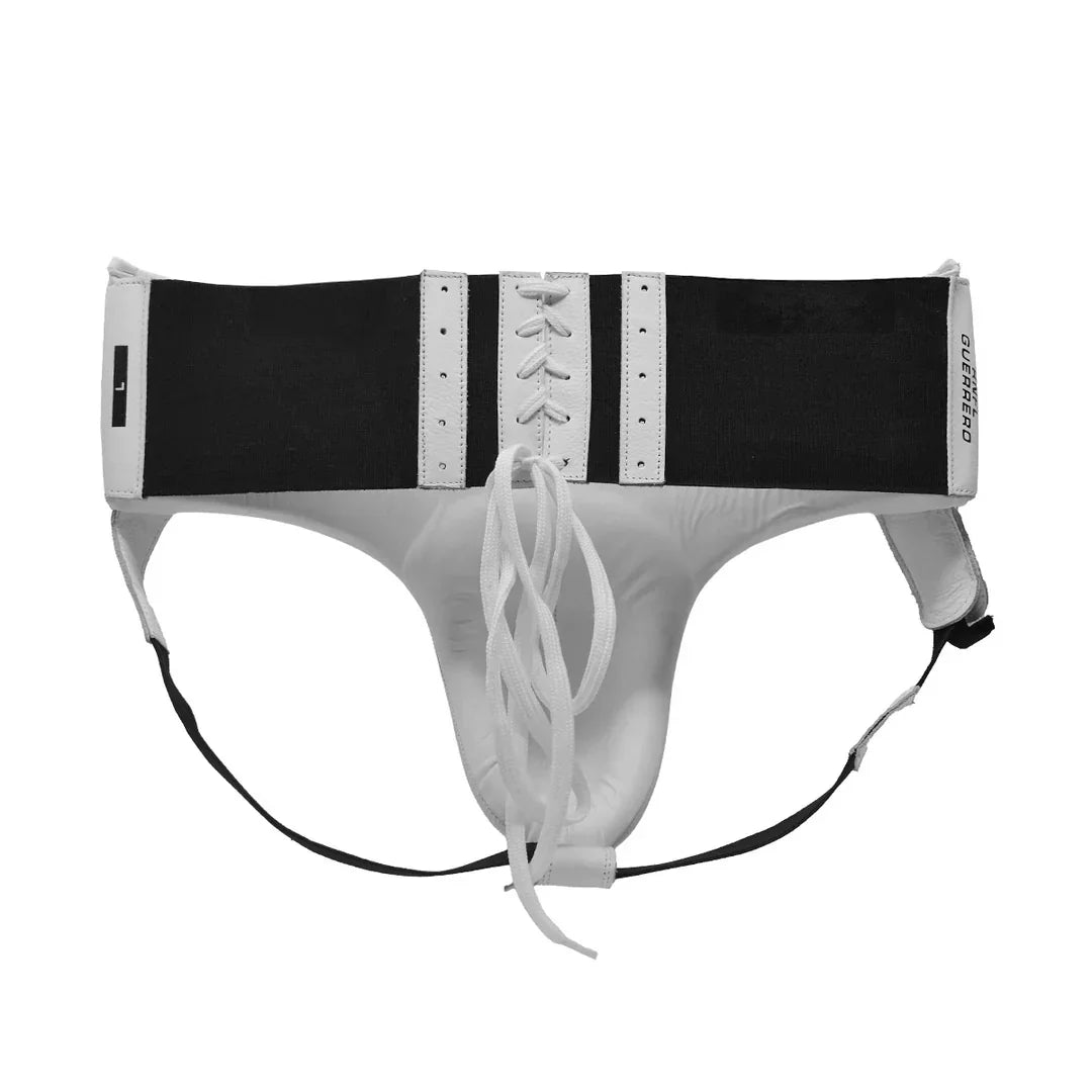 White and black boxing groin protector with lace-up front and adjustable straps
