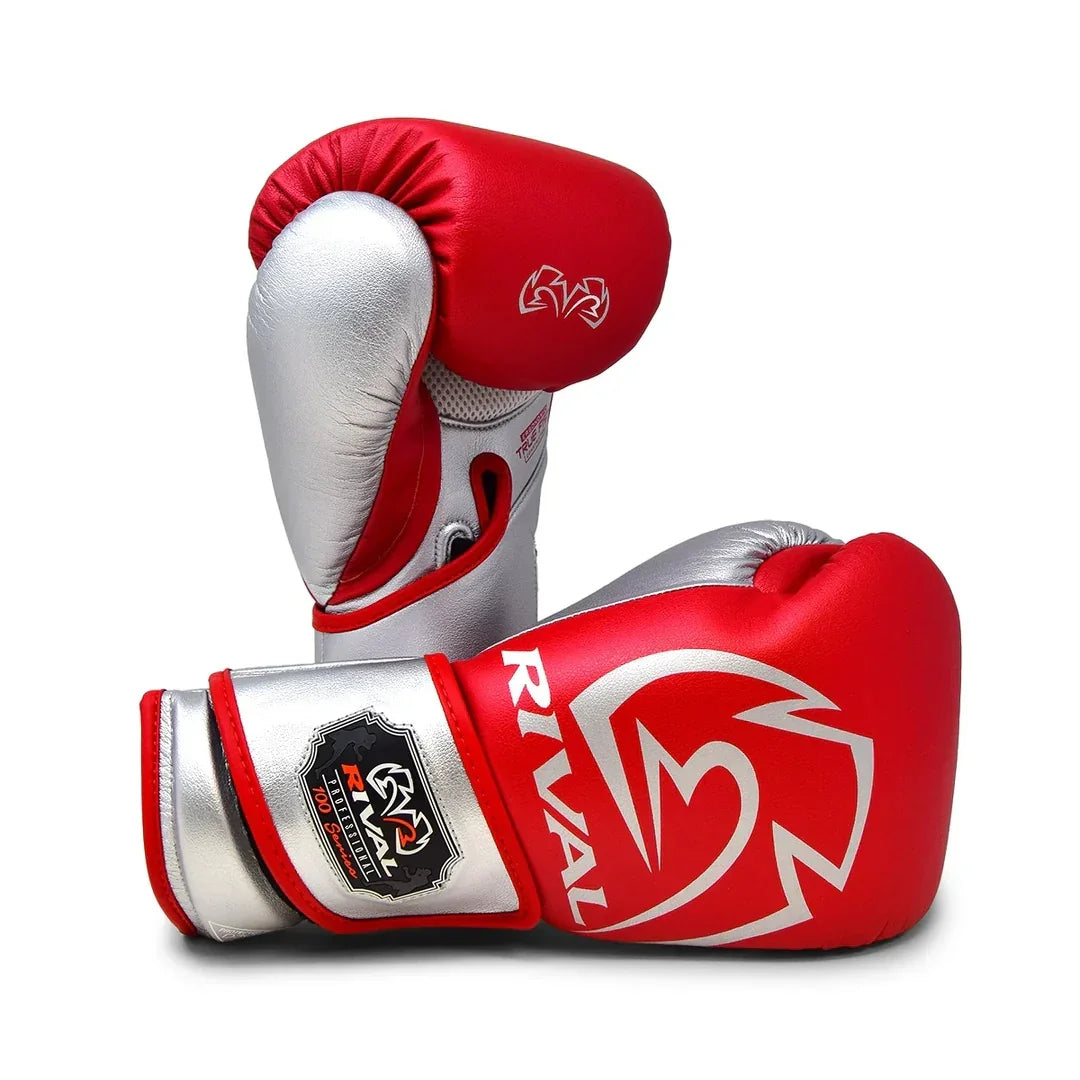 Red and silver Rival boxing gloves with white logo, pro training boxing gear on white background