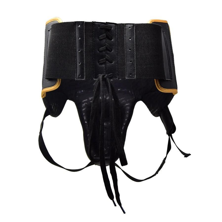 Black and gold boxing groin protector with lace-up front and adjustable straps.