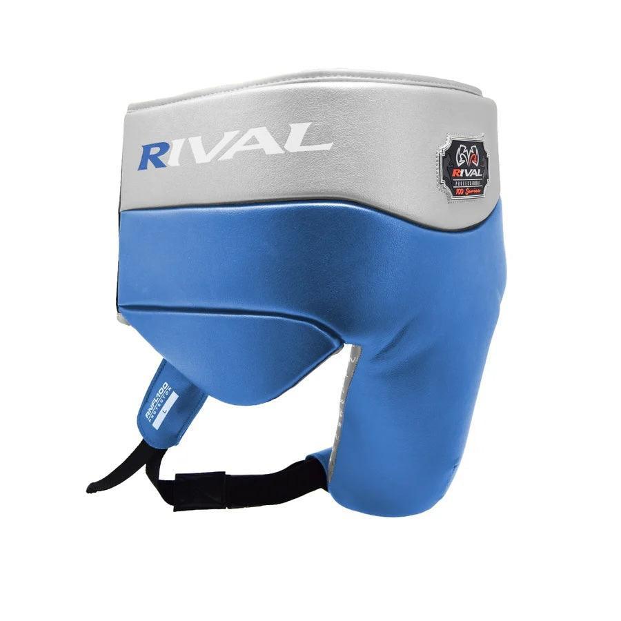 Blue and silver boxing groin protector with Rival logo, pro-grade protective gear