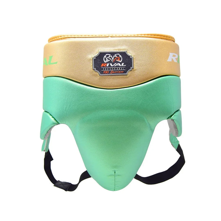 Green and gold boxing groin protector with Rival logo, professional protective gear