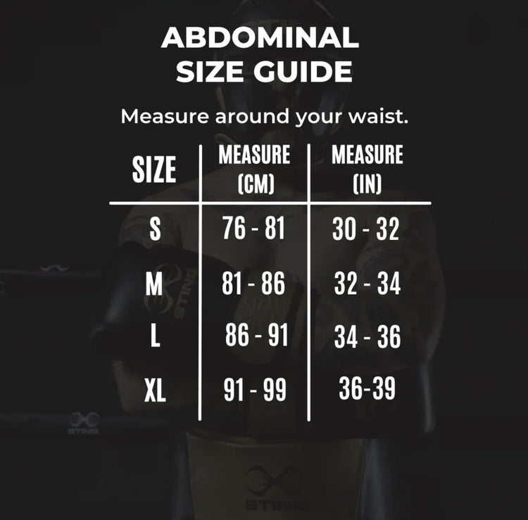 Abdominal protector size chart with waist measurements in inches and centimeters for boxing gear.